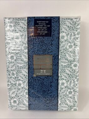 William Morris Floral Queen Sheet Set in Sage Green & White 4 Piece Set NEW